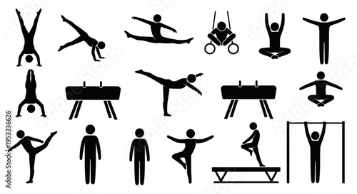 Black silhouettes of gymnasts performing various exercises.