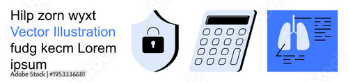 Data protection, healthcare, technology, cybersecurity, medical analysis, education. Shield with lock, calculator lungs icon with annotations. Data protection and healthcare concept