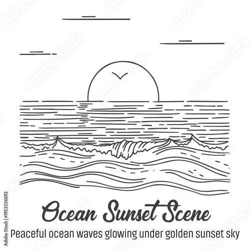 Ocean sunset scene with waves, golden sky, tranquil seascape, evening horizon, coastal beauty, peaceful water, natural scenery, serene evening