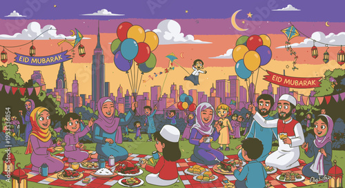 Illustration of a diverse group of people gathered for a festive outdoor meal with colorful balloons floating above in a city park at sunset.