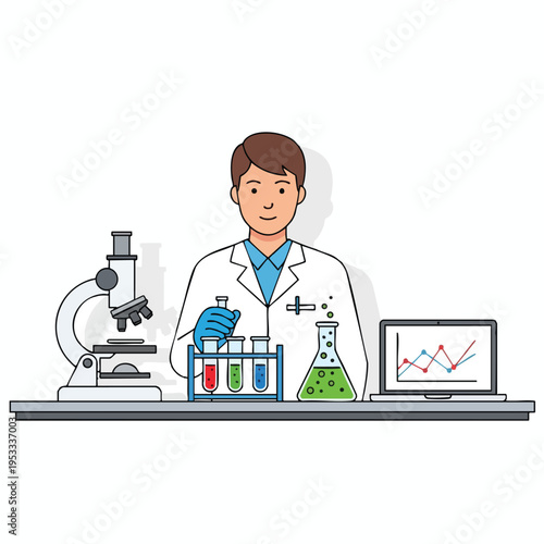 Scientist conducting experiment with microscope, test tubes, flask and laptop displaying graph