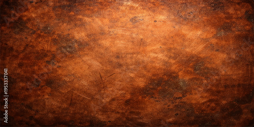 An aged brown rusty metal texture with a grungy orange surface and worn vintage paper pattern creates an antique grunge backdrop for an old wall art design
