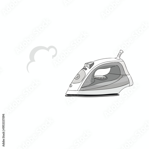 A detailed black and white illustration of an iron with a steam cloud to the left