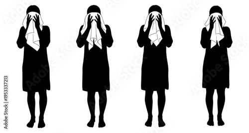 Silhouettes of four people wiping faces with white cloths isolated on white background