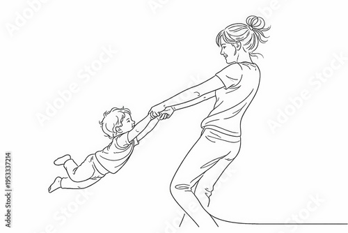 Continuous line art of mother swinging child by hands playfully with copy space