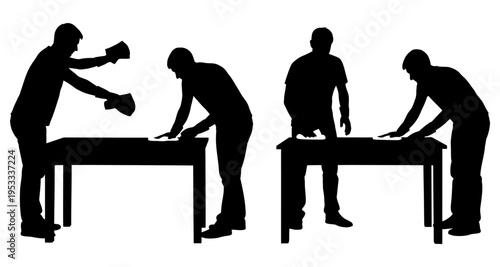 Silhouettes of men cleaning tabletops with cloths various poses isolated on white