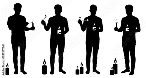 Silhouettes of Men Lighting Candles Candlelight and Fire Concepts