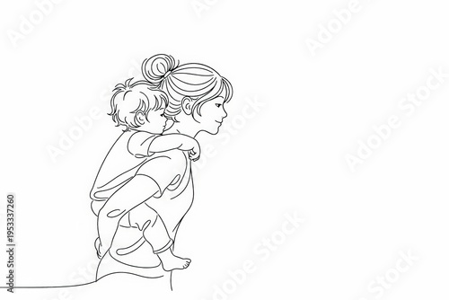 Continuous line art of mother carrying child on her back with copy space