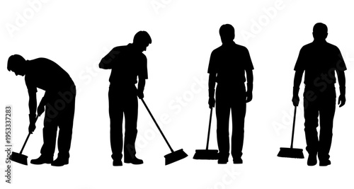 Silhouettes of men sweeping floors with brooms in various poses isolated on white background
