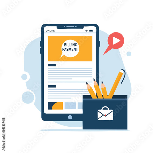 Mobile screen displays "BILLING PAYMENT"; pencils in a case