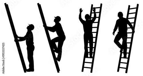 Silhouettes of workers climbing ladders symbolizing progress and achievement
