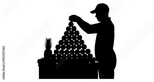 Vendor Arranging Fruit Pyramid Stack at Market Stall with Pineapple Silhouette