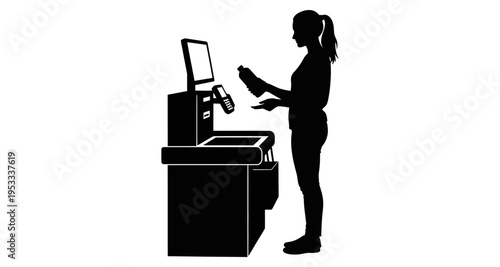 Woman Silhouette at Self Checkout Machine Buying Groceries Holding Product