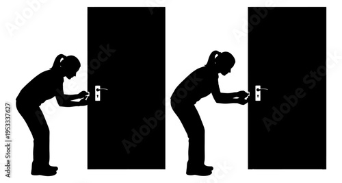 Woman silhouette trying to open two different doors with keys stock vector illustration