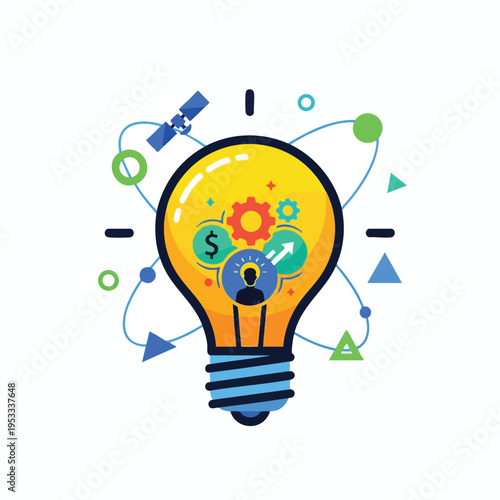 Lightbulb with inner gears, person, dollar, arrows, and orbiting shapes
