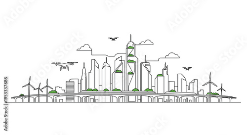 A continuous black line forms a city skyline with buildings, green foliage, three flying drones, and wind turbines on a white background.