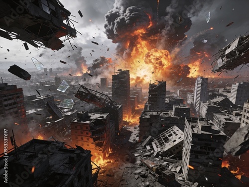 Cityscape in chaos as buildings collapse and fire engulfs the urban landscape dramatically