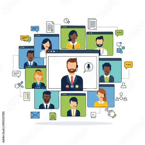 Diverse people in video calls connect virtually, with icons for communication and data sharing