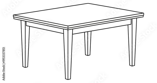 Rectangular Wooden Table with Four Legs Simple Line Drawing Isolated on White Background