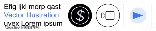Digital services, online payments, multimedia content, video streaming, business tools, app designs. A dollar symbol, video camera and play button icon. Digital services and online payments concept