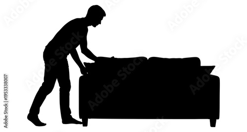 Silhouette of a person adjusting sofa cushions on a white background