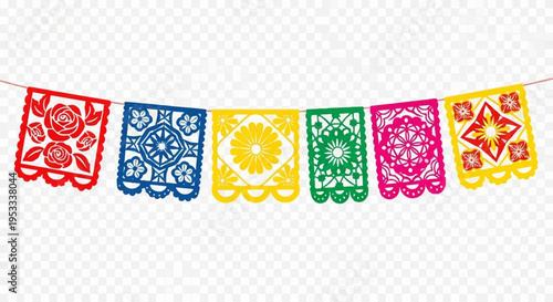 Vibrant papel picado banner with colorful flowers and geometric patterns hanging on string
