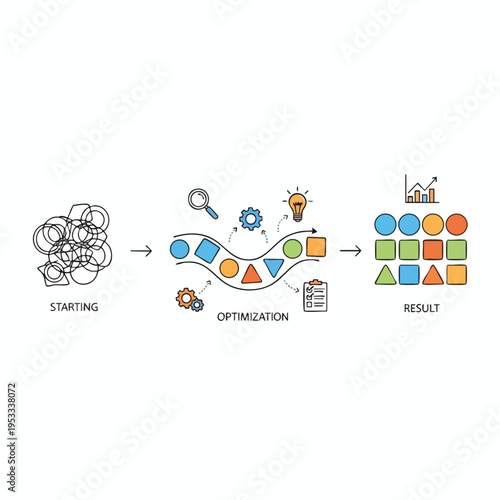 Process from chaotic start to organized, colorful result via optimization