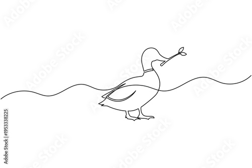 Duck holding a leaf branch continuous one line art drawing minimalist bird illustration