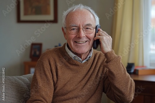 Senior man at home using phone with a smile, enjoying a moment of connection or relaxation during a casual moment at home, Generative AI