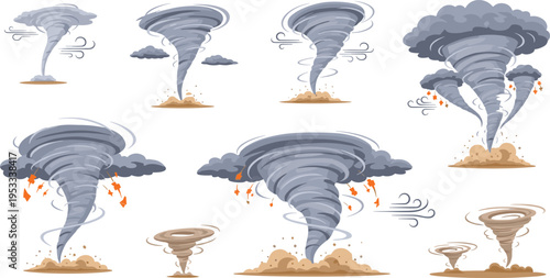 Tornado storm illustrations with swirling wind, dust clouds and lightning, powerful cyclone disaster scenes detailed cartoon vector set