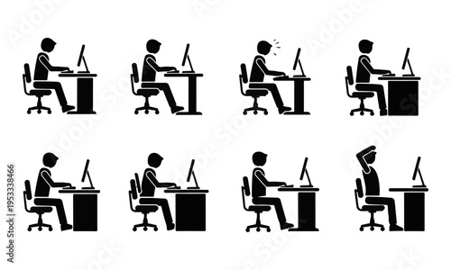 Ergonomic computer posture stick figures set. People working at desk vector icons isolated.