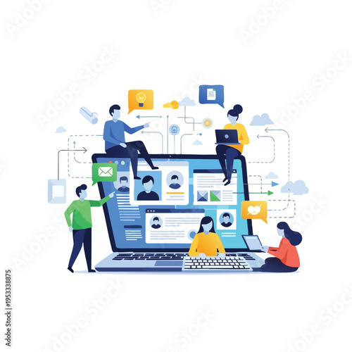 People interact with a large laptop displaying profiles, communication, and data