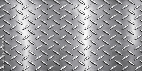 Seamless industrial diamond plate pattern featuring a shiny silver metallic steel surface texture for rugged construction material and grey aluminum floor sheet design