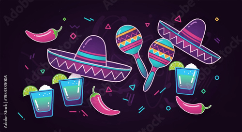 Vibrant fiesta elements with sombreros maracas margaritas and chili peppers on dark background