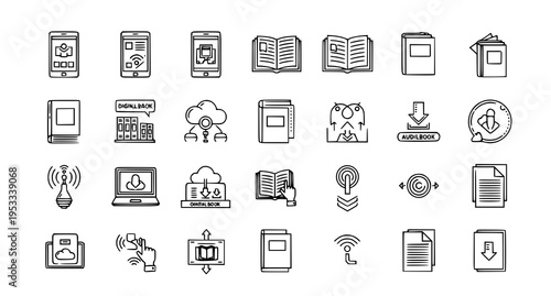 A comprehensive set of digital book and e-reading themed hand drawn icons for modern interface use Vector