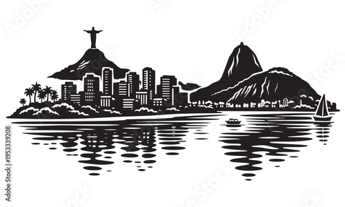 Vászonkép Rio de Janeiro Skyline Silhouette, Silhouette Vector, Isolated on White Backgrou