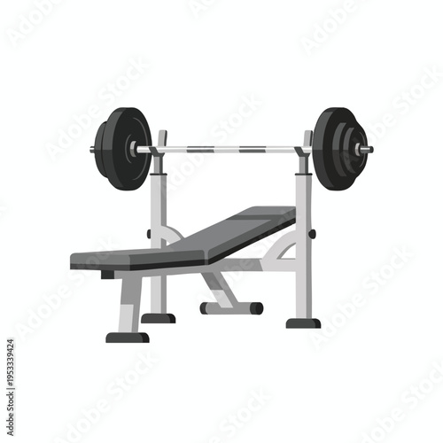 Flat illustration of a weight bench and barbell with weights
