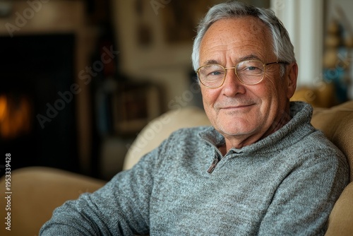 Senior man in a video call with a casual expression at home, engaging with family, friends, or colleagues in a relaxed and warm environment, Generative AI