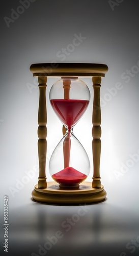 A classic hourglass with red sand on a wooden stand against a gray background