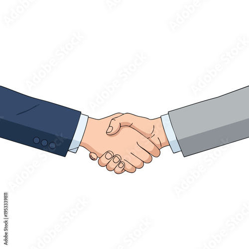 Two individuals in suits shake hands against a white background