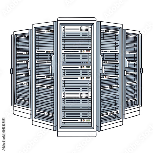 Five tall, grey server racks arranged in a semi-circle against a white background