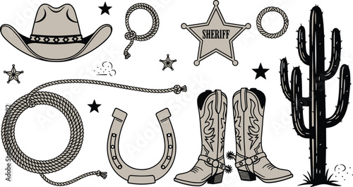 Western cowboy elements with hat, boots, lasso and sheriff badge, wild west desert symbols and vintage outline vector illustration set