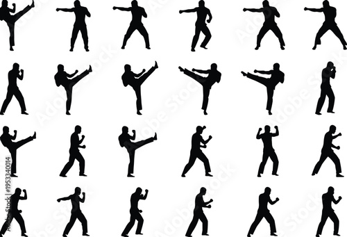 Collection of martial arts fighter silhouettes performing punches kicks combat stances isolated on white background for fitness training and self defense design