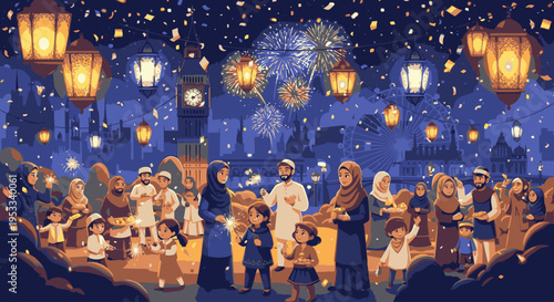 A vibrant nighttime scene of a diverse group of people gathered around tables under hanging lanterns with a festive and joyful mood in a city setting.