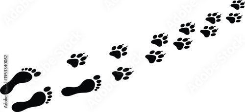 Human and animal footprints silhouettes showing walking path trail progression isolated on white background concept of tracking movement journey evolution