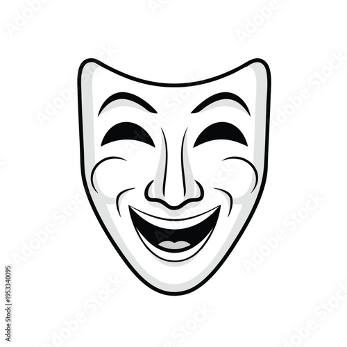 A theatrical mask with a wide, happy smile and closed eyes