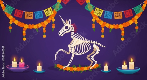 Day of the dead donkey skeleton decoration with candles and colorful papel picado