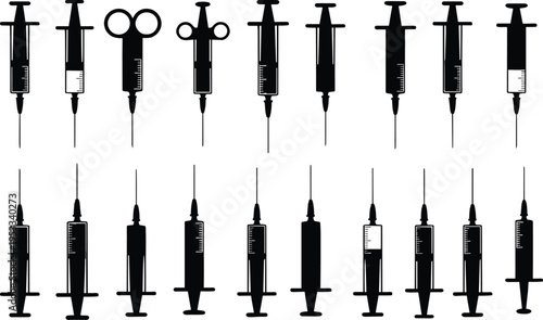 Collection of medical syringe silhouettes with needles isolated on white background representing healthcare vaccination injection treatment and clinical equipment design concept