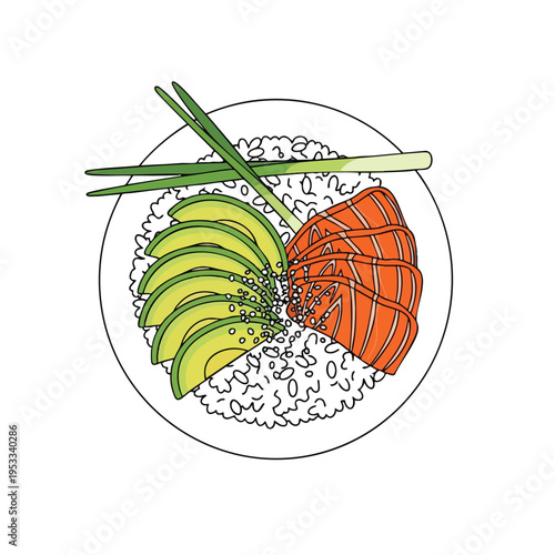 A top-down view of a poke bowl with salmon, avocado, rice, and green onions