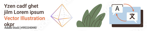 Language learning, education tools, communication, artificial intelligence, nature conservation, creative design. Geometric figure, green leaves and a translation symbol. Language learning